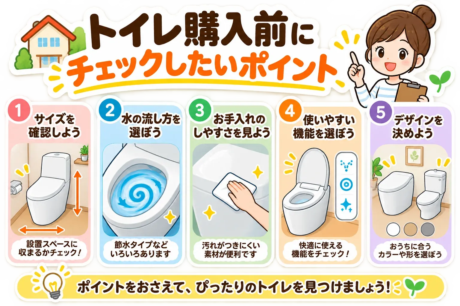 トイレ購入前に確認したい5つのポイントを示す図。設置スペースに収まるサイズ、水の流し方の種類、汚れが付きにくい素材などのお手入れのしやすさ、快適に使える機能、家に合う色や形のデザインを、トイレのイラストとともに示す。