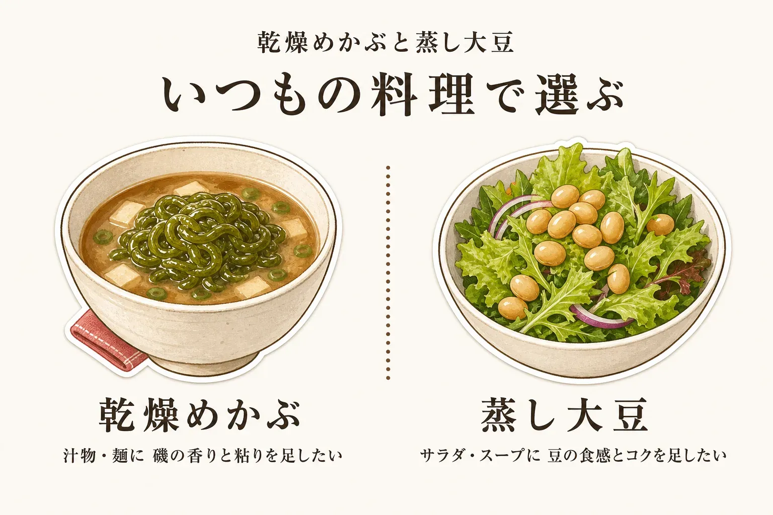 乾燥めかぶと蒸し大豆を、いつもの料理で選ぶ図。左に乾燥めかぶをのせた汁物を描き、『汁物・麺に磯の香りと粘りを足したい』と示す。右に蒸し大豆をのせたサラダを描き、『サラダ・スープに豆の食感とコクを足したい』と示す。記事本文をもとに作成。