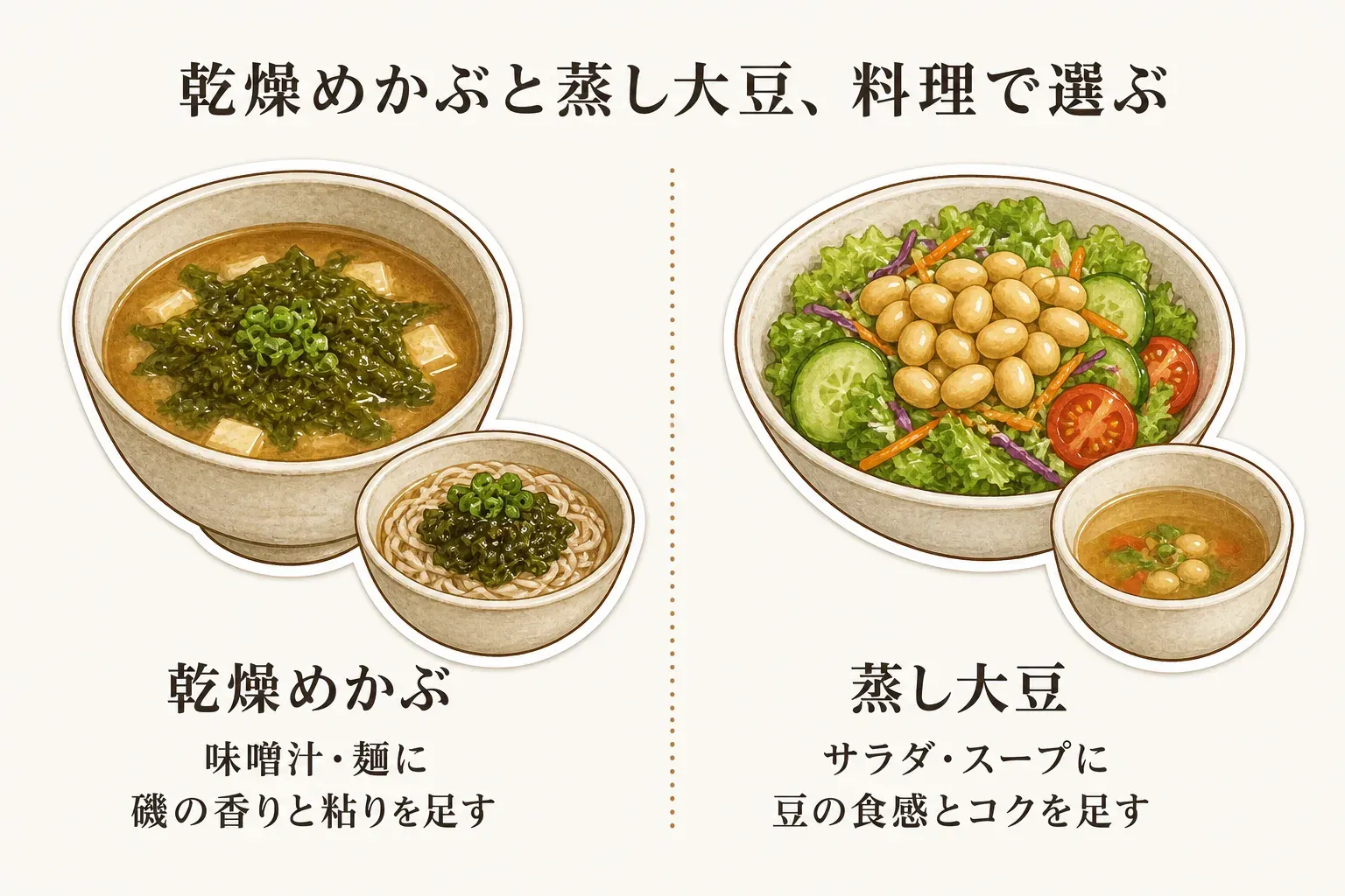 乾燥めかぶと蒸し大豆を料理で選ぶ図。左には、乾燥めかぶを加えた味噌汁と麺を描き、『味噌汁・麺に磯の香りと粘りを足す』と示す。右には、蒸し大豆を加えたサラダとスープを描き、『サラダ・スープに豆の食感とコクを足す』と示す。記事本文をもとに作成。