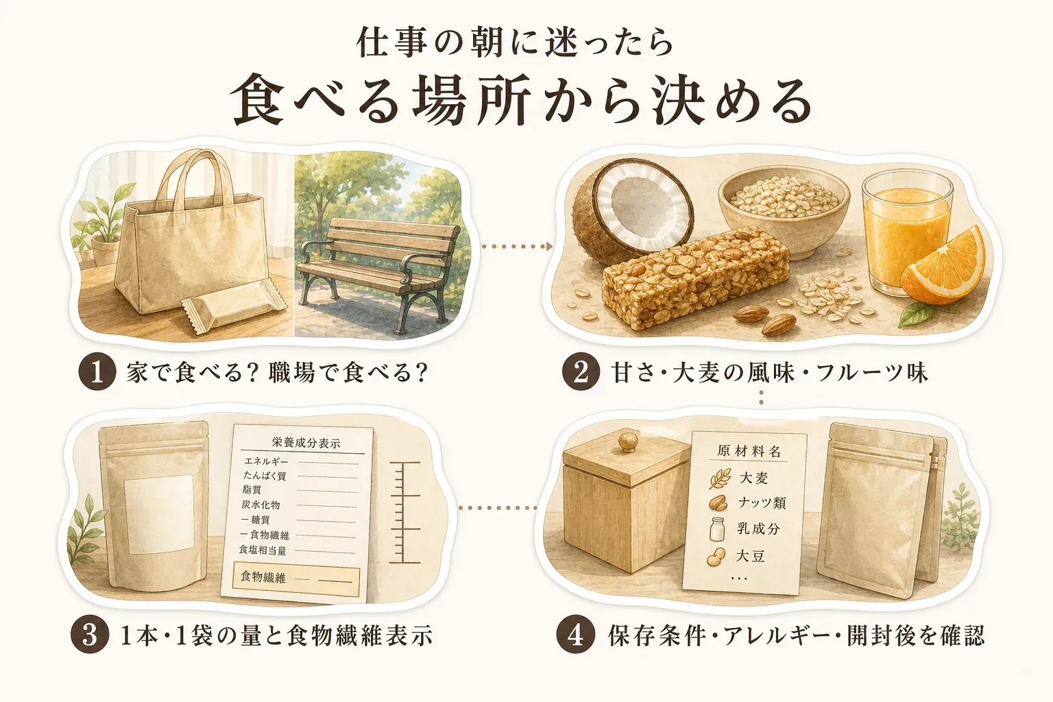 仕事の朝に食物繊維入りの商品を選ぶ4段階を示す図。家か職場かの食べる場所、甘さ・大麦の風味・フルーツ味、1本・1袋の量と食物繊維表示、保存条件・アレルギー・開封後の扱いを順に確認する。記事本文をもとに作成。