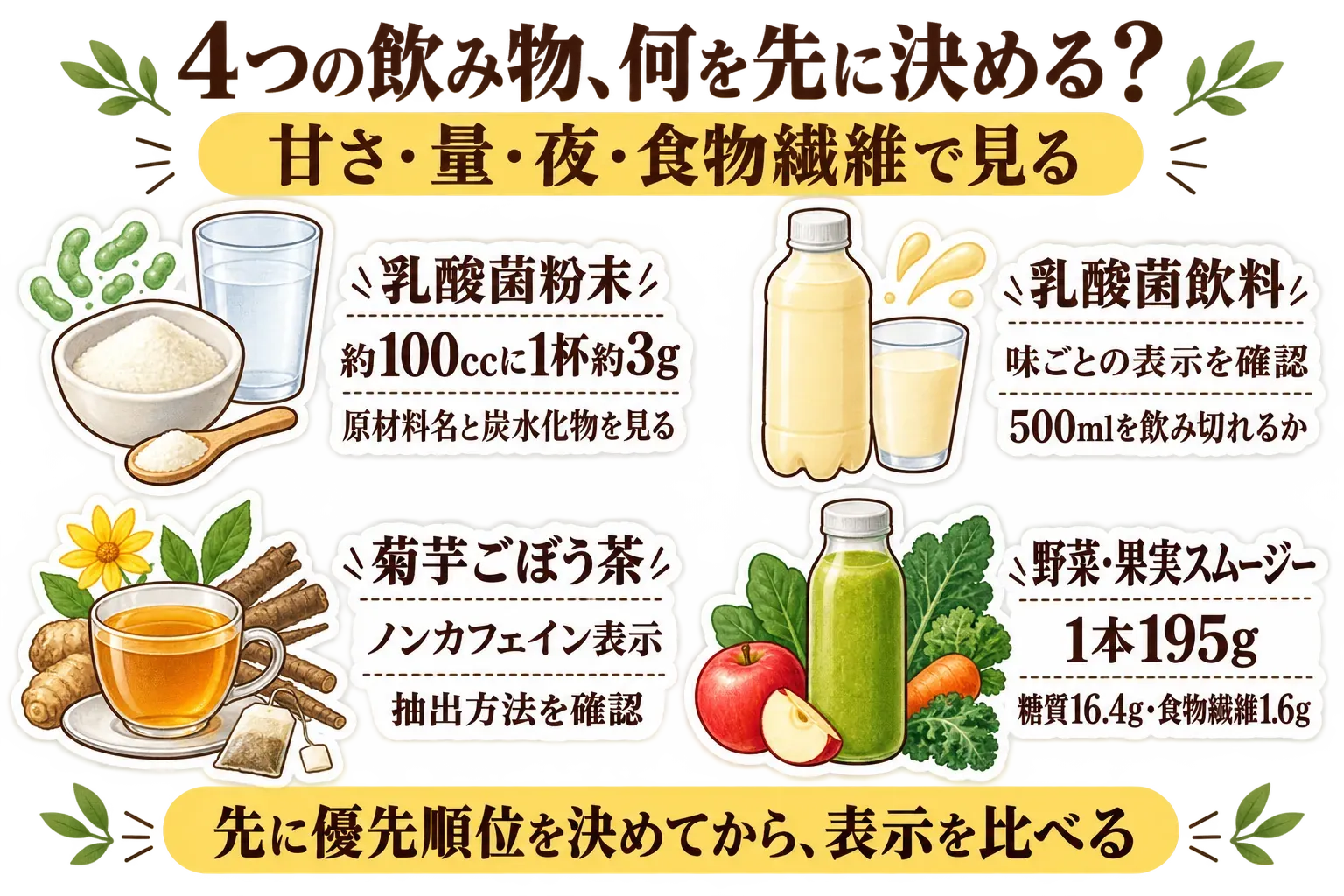 乳酸菌粉末、乳酸菌飲料、菊芋ごぼう茶、野菜・果実スムージーの4種類について、確認する表示をまとめた図。粉末は約100ccに1杯約3gと原材料名・炭水化物、乳酸菌飲料は味ごとの表示と500mlを飲み切れるか、茶はノンカフェイン表示と抽出方法、スムージーは1本195g・糖質16.4g・食物繊維1.6gを示す。記事本文をもとに作成。