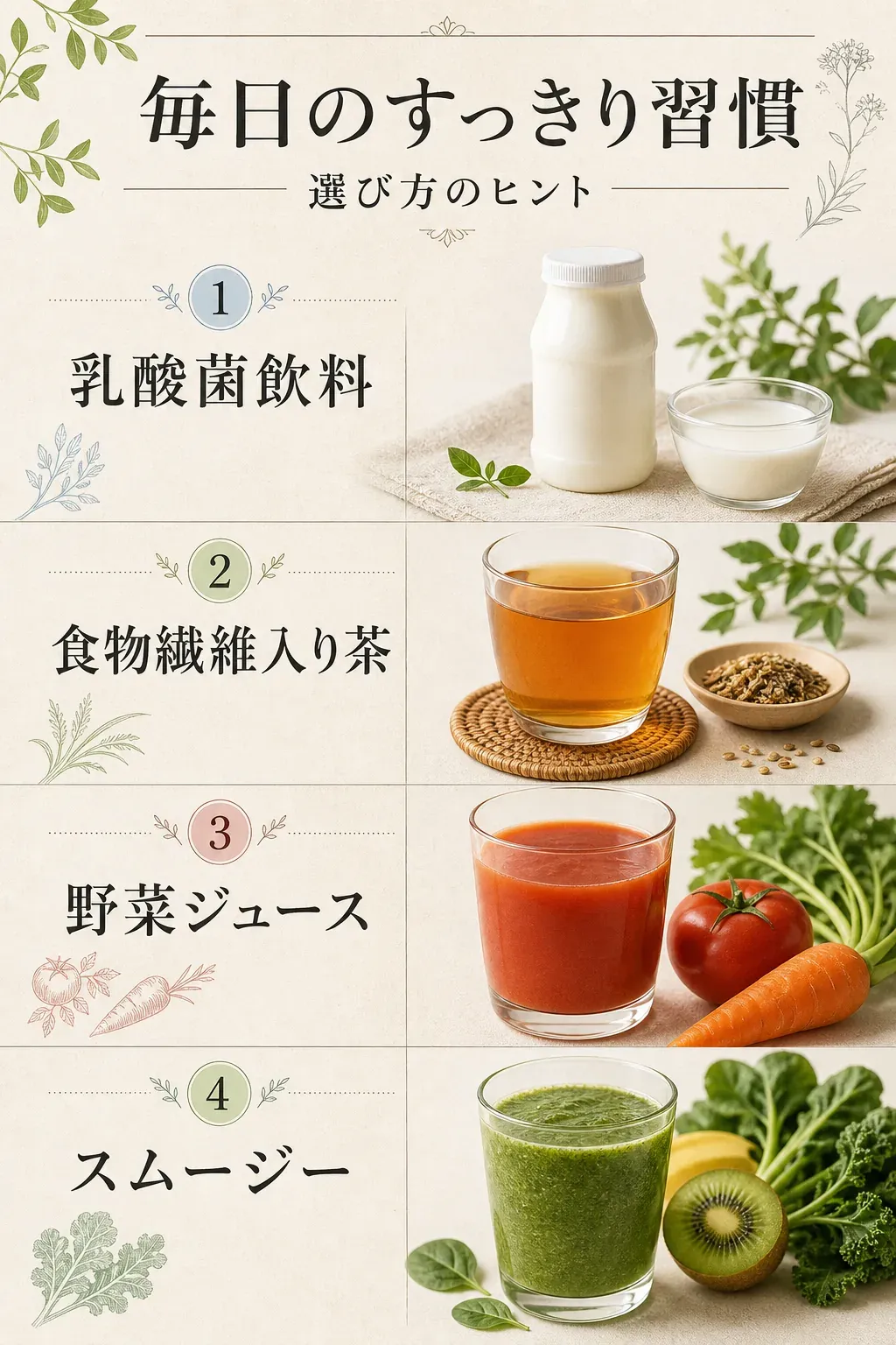 乳酸菌飲料、食物繊維入り茶、野菜ジュース、スムージーの4種類を並べた図。乳酸菌飲料は白い飲料のボトルとグラス、食物繊維入り茶は茶色いお茶と茶葉、野菜ジュースは赤いジュースとトマト・にんじん、スムージーは緑のスムージーとキウイ・葉物野菜で表す。