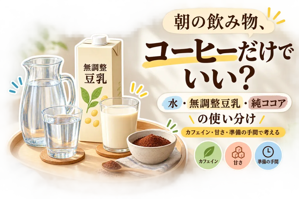 朝の飲み物はコーヒーだけ？水・無調整豆乳・純ココアの使い分け｜カフェイン・甘さ・準備の手間で選ぶ