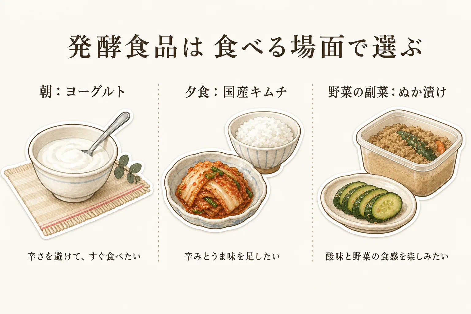 発酵食品を食べる場面で選ぶ図。朝に辛さを避けてすぐ食べたい場合はヨーグルト、夕食に辛みとうま味を足したい場合は国産キムチ、野菜の副菜として酸味と食感を楽しみたい場合はぬか漬けを示す。記事本文をもとに作成。