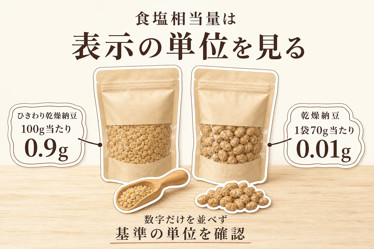 ひきわり乾燥納豆の食塩相当量は100g当たり0.9g、乾燥納豆は1袋70g当たり0.01gと、数値だけでなく表示の基準単位を確認することを示した図