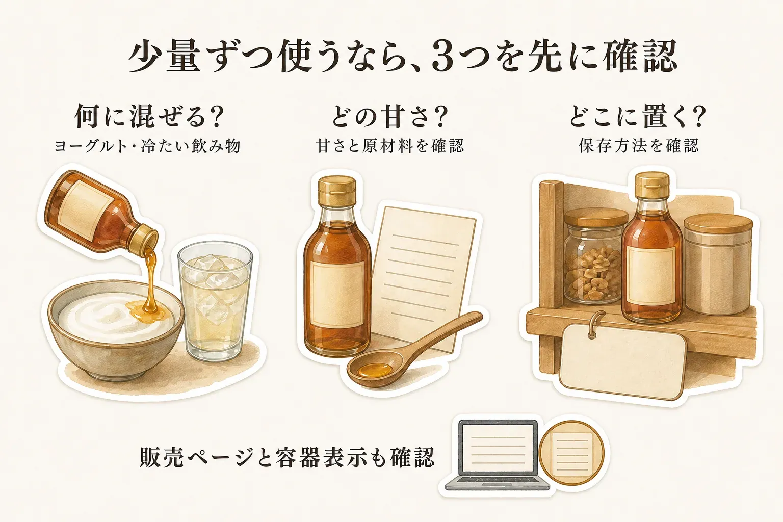 少量ずつ使うオリゴ糖シロップを選ぶ前の3つの確認を示す図。ヨーグルトや冷たい飲み物に混ぜるか、甘さと原材料を確認するか、保存方法を確認してどこに置くかを、シロップのボトル、原材料表示、保存棚のイラストで表す。販売ページと容器表示も確認するよう案内する。記事本文をもとに作成。