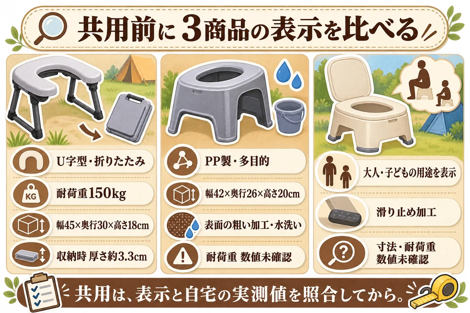 子どもと大人で共用する前にトイレ踏み台3商品を比較する図。U字型折りたたみ式は耐荷重150kg、幅45×奥行30×高さ18cm、収納時の厚さ約3.3cm、PP製の多目的タイプは幅42×奥行26×高さ20cm、表面の粗い加工と水洗い、耐荷重の数値は未確認、シンプルなプラスチック製は大人・子どもの用途と滑り止め加工、寸法と耐荷重の数値は未確認と示す。商品説明をもとに作成。