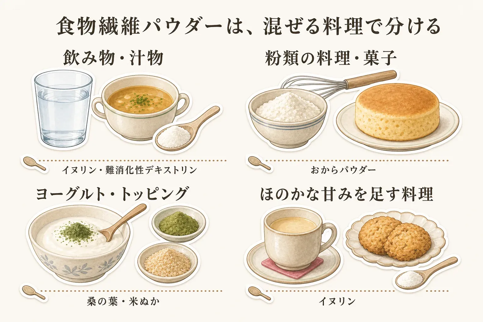 食物繊維パウダーを混ぜる料理別に、飲み物・汁物にはイヌリンと難消化性デキストリン、粉類の料理・菓子にはおからパウダー、ヨーグルト・トッピングには桑の葉と米ぬか、ほのかな甘みを足す料理にはイヌリンを示した図