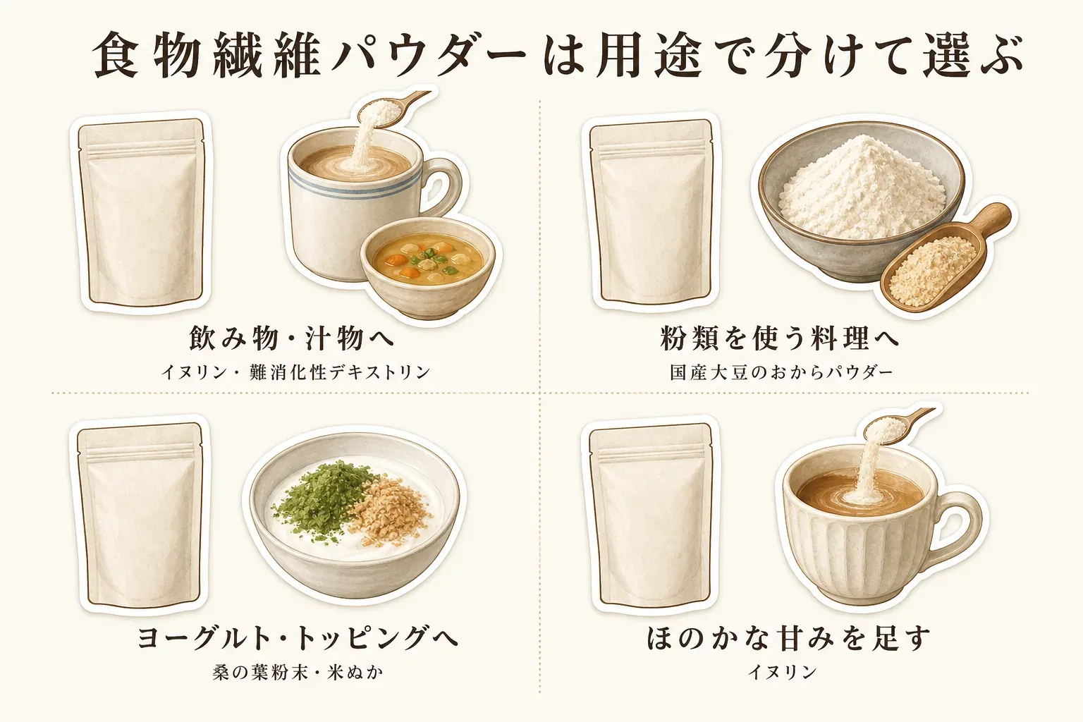食物繊維パウダーの用途別の選び方として、飲み物・汁物へはイヌリン・難消化性デキストリン、粉類を使う料理へは国産大豆のおからパウダー、ヨーグルト・トッピングへは桑の葉粉末・米ぬか、ほのかな甘みを足す場合はイヌリンを示した図