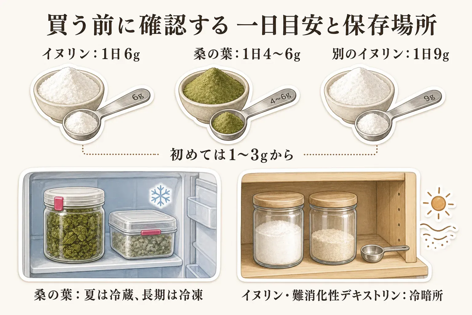 商品説明に記載された一日目安量としてイヌリンは1日6g、桑の葉は1日4〜6g、別のイヌリンは1日9gで初めては1〜3gからを示し、桑の葉は夏は冷蔵・長期は冷凍、イヌリンと難消化性デキストリンは冷暗所で保存する図