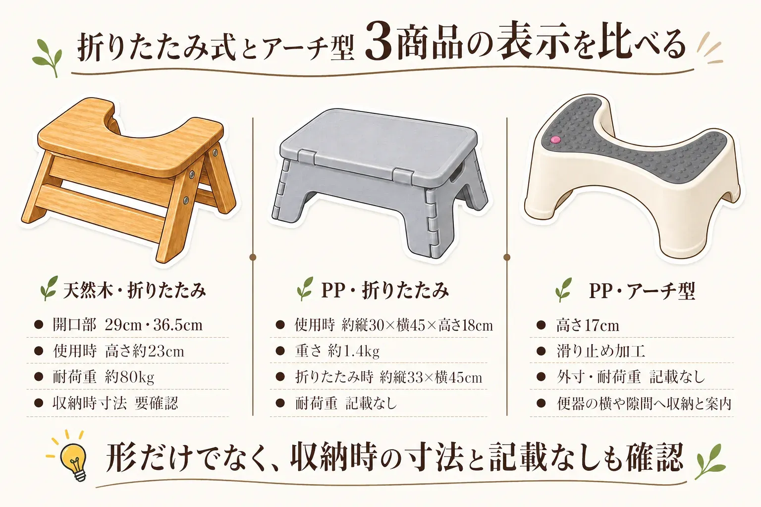 折りたたみ式とアーチ型のトイレ踏み台3商品の商品表示を比べる図。天然木の折りたたみ式は開口部29cm・36.5cm、使用時の高さ約23cm、耐荷重約80kg、収納時寸法は要確認、PP製の折りたたみ式は使用時約縦30×横45×高さ18cm、重さ約1.4kg、折りたたみ時約縦33×横45cm、耐荷重は記載なし、PP製アーチ型は高さ17cm、滑り止め加工、外寸・耐荷重は記載なしで便器横や隙間への収納案内があることを示す。商品説明をもとに作成。