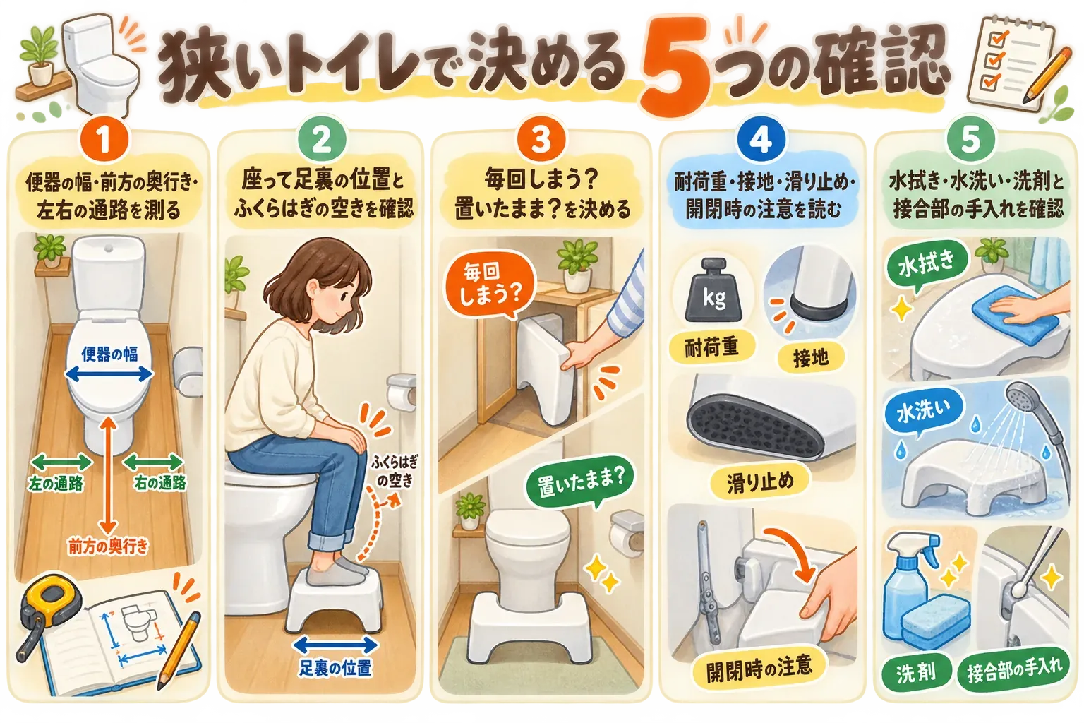 狭いトイレで踏み台を選ぶ5つの確認を示す図。便器の幅・前方の奥行き・左右の通路を測る、座って足裏の位置とふくらはぎの空きを確認する、毎回しまうか置いたままにするかを決める、耐荷重・床との接地・滑り止め・開閉時の注意を読む、水拭き・水洗い・洗剤の可否と接合部の手入れを確認する流れを描く。記事本文をもとに作成。