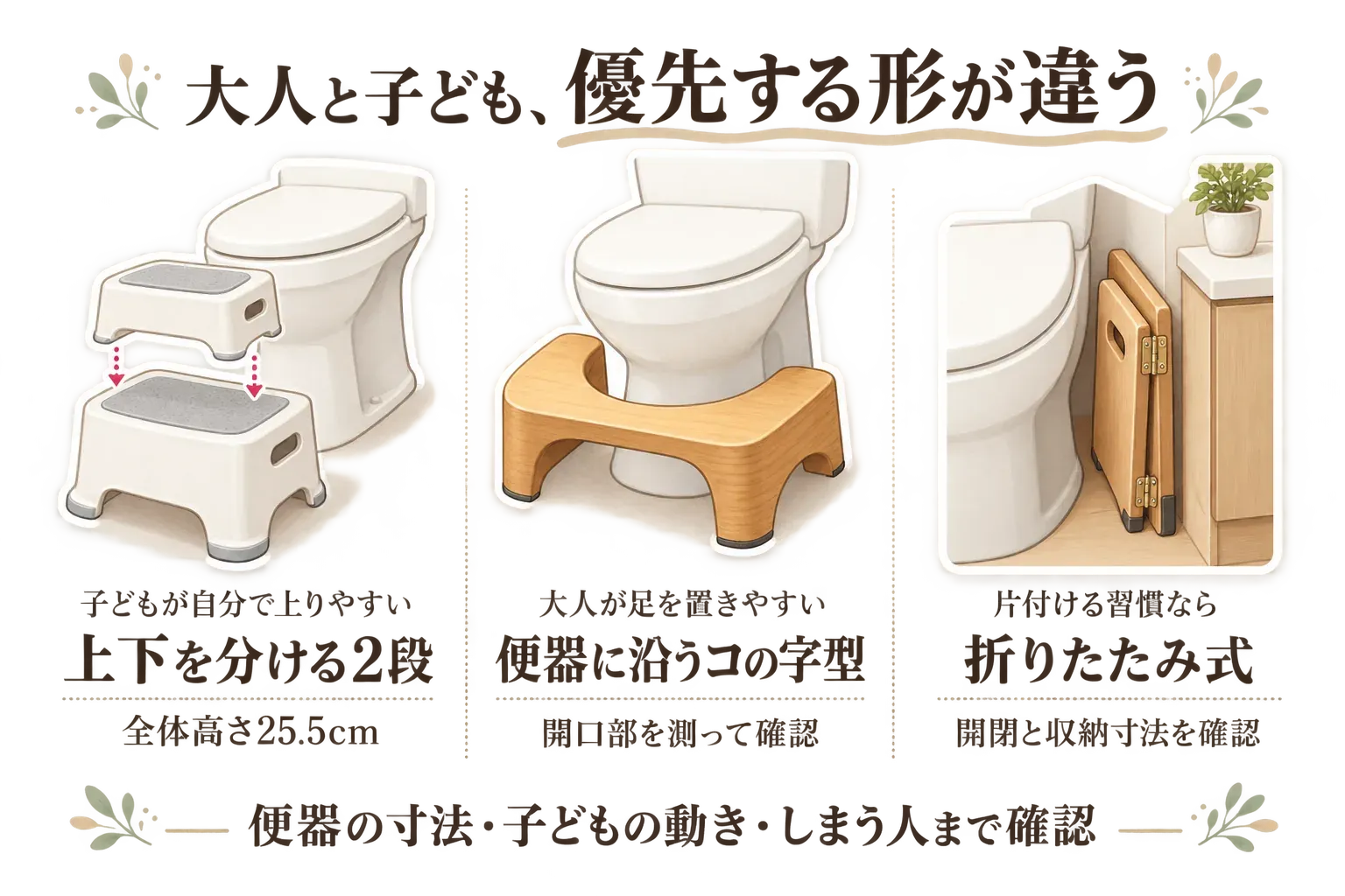 大人と子どもで共用するトイレ踏み台の形を選ぶ目安を示す図。子どもが自分で上りやすい2段ステップは全体高さ25.5cm、大人が足を置きやすい便器に沿うコの字型は開口部を測って確認、片付ける習慣がある家庭には折りたたみ式で収納寸法を確認することを、便器と踏み台のイラストで示す。記事本文をもとに作成。