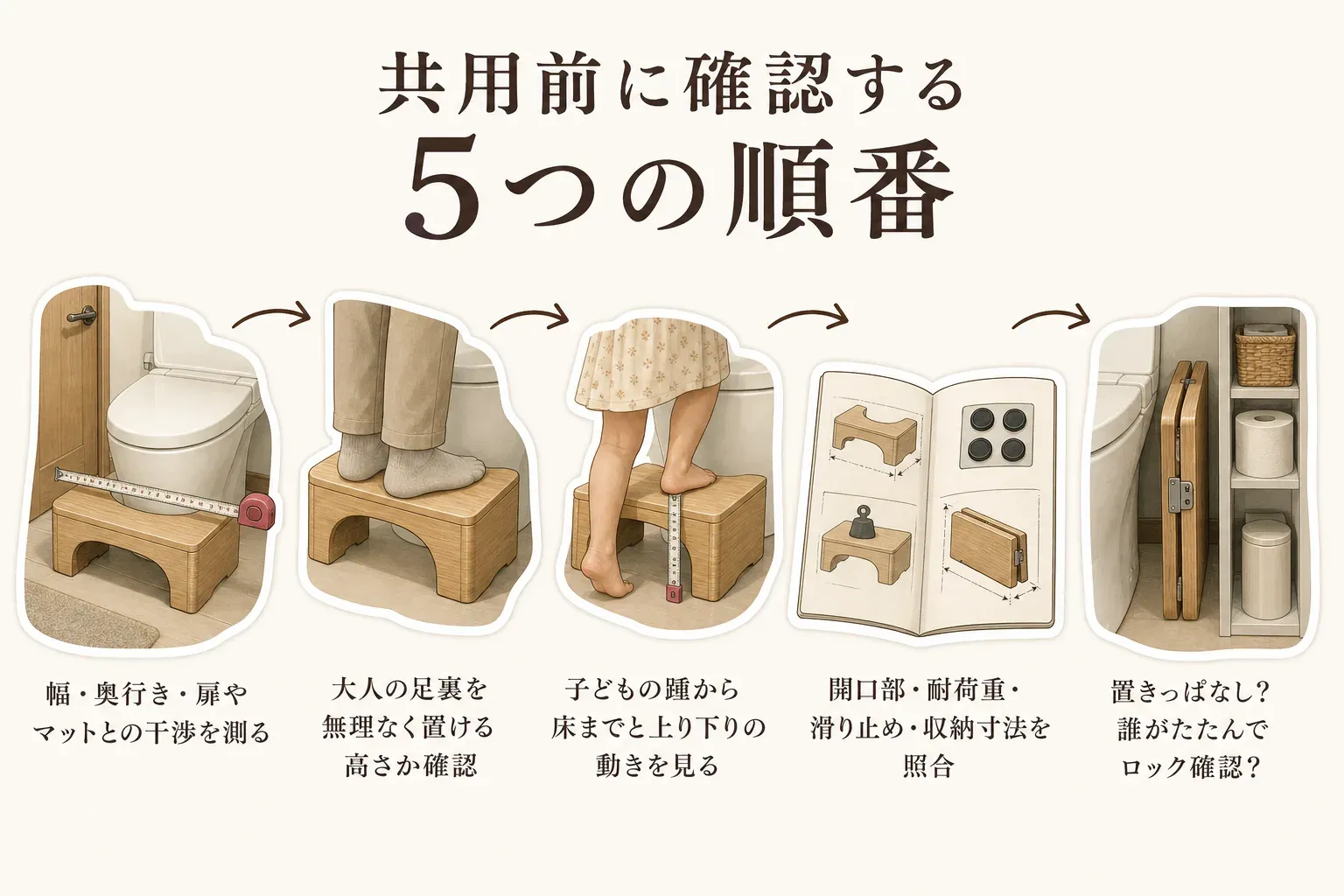 トイレ踏み台を大人と子どもで共用する前に確認する5つの順番を示す図。幅・奥行きと扉やトイレマットとの干渉を測る、大人が足裏を無理なく置ける高さを見る、子どもの踵から床までと上り下りの動きを見る、開口部・耐荷重・滑り止め・収納寸法を照合する、置きっぱなしにするか誰が折りたたんでロックを確認するかを決める流れを描く。記事本文をもとに作成。