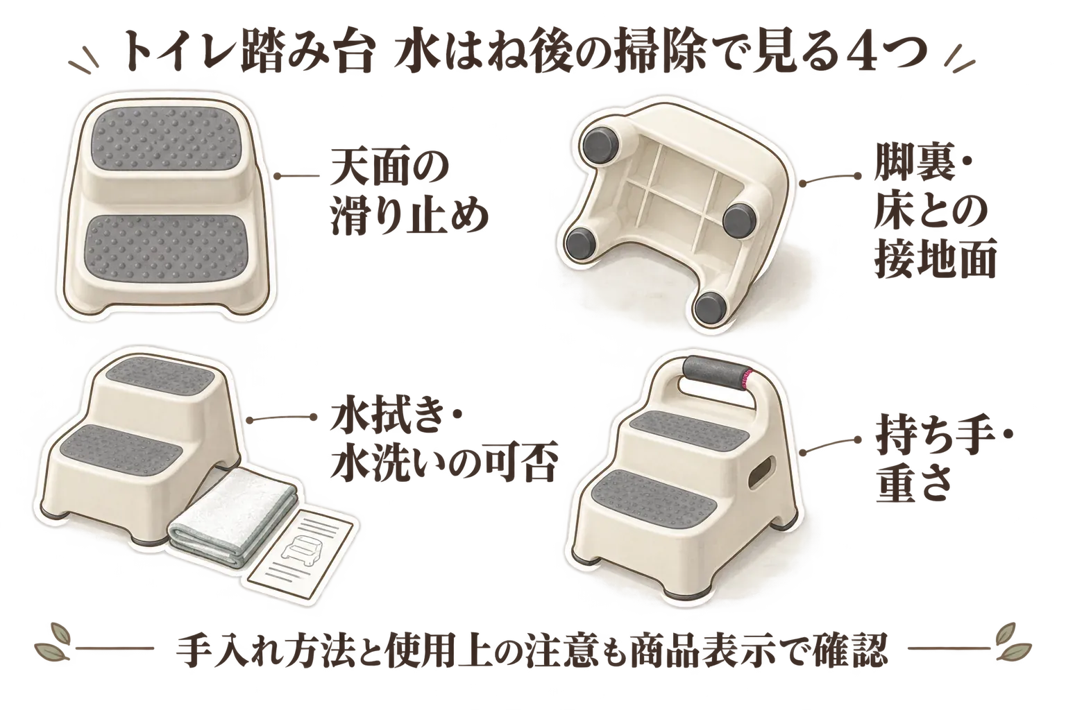 トイレ踏み台を水はね後に掃除するときの4つの確認点を示す図。天面の滑り止め、脚裏と床との接地、水拭き・水洗いの可否、持ち手と重さを、踏み台のイラストとともに示す。記事本文をもとに作成。